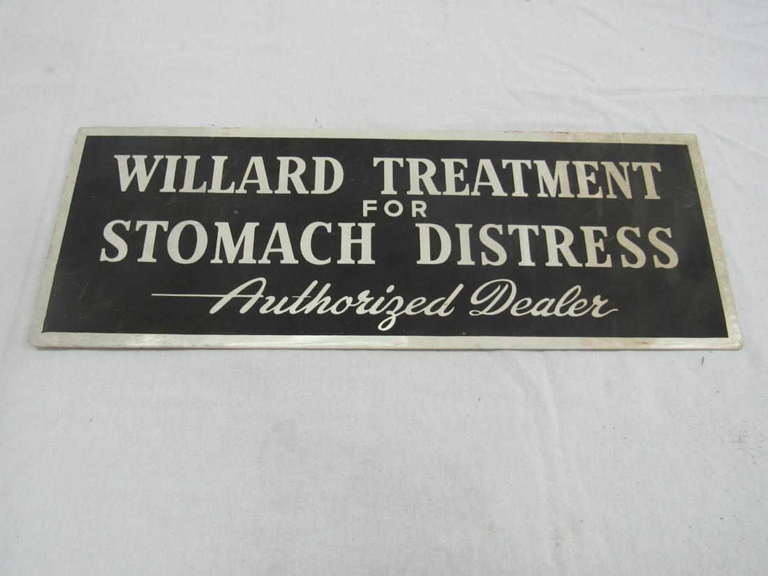NOS Antique Willard Medicine Tin Sign: NOS Antique Willard Medicine Tin Sign. Sign reads "Willard Treatment for Stomach Distress - Authorized Dealer". Top back read Thomas P. Fleming, Chicago, Illinois. Measures 18" x 6.5".