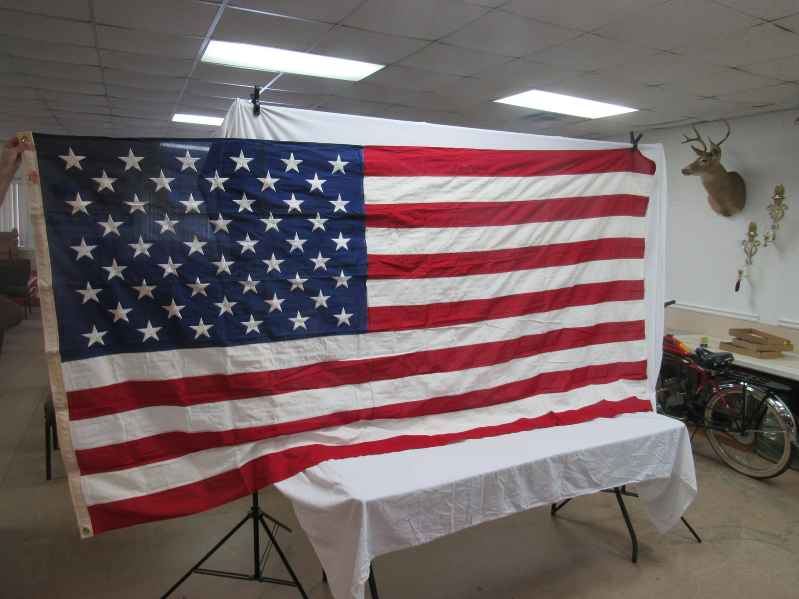 Stitched 100% Cotton Bunting American Flag: Stitched 100% Cotton Bunting American Flag. Made by Best TM. Measures 112.5" x 58".