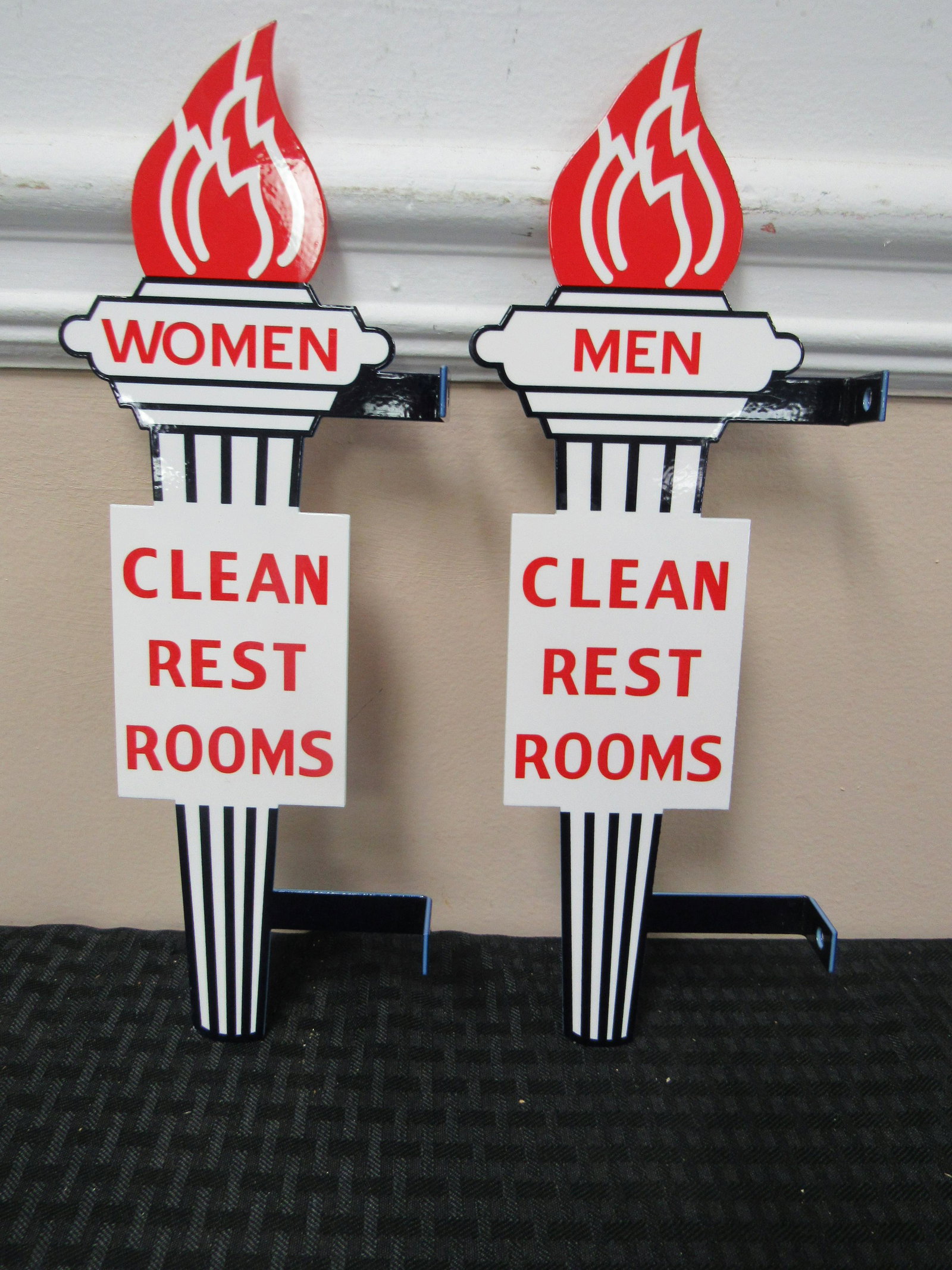 NOS Double Sided Porcelain Standard Oil Flange Restroom: NOS Double Sided Porcelain Standard Oil Flange Restroom Signs. In "like new" condition. 12.75" x 4.75"