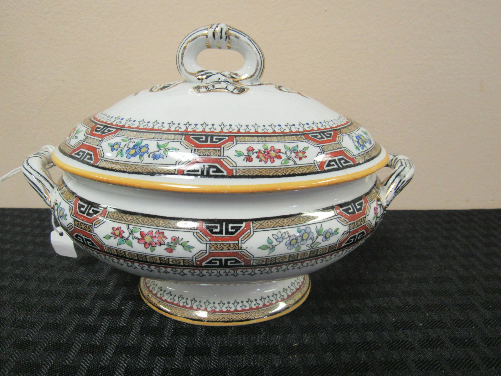 1867 "Chinese Key" Sauce Terrine by Minton: 1867 "Chinese Key" Sauce Terrine by Minton. Excellent condition. 7.5" x 6". Manifest #541