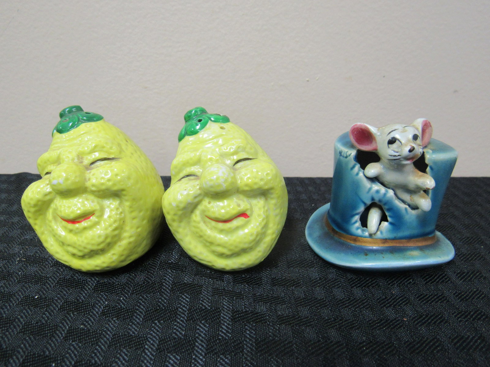 Vintage Lemon Salt and Pepper with Mid-Century: Vintage Lemon Salt and Pepper with Mid-Century Porcelain Mouse and Hat Figurine. Made of porcelain, marked Japan. Very good condition. Salt and Pepper 2.5", Mouse 2.5"