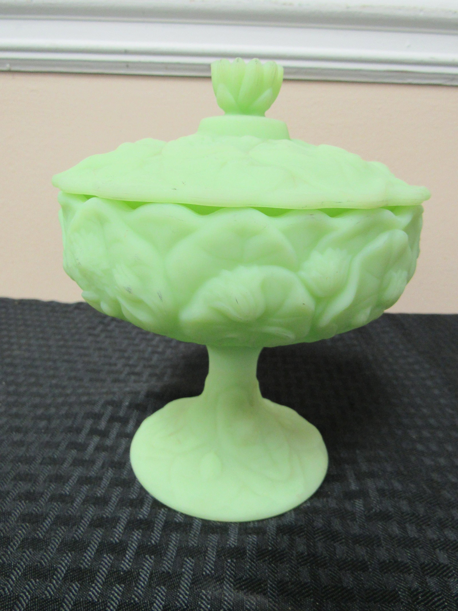 Fenton Satin Glass Covered Compote: Fenton Satin Glass Covered Compote. Excellent condition. 8" long, 6" diameter
