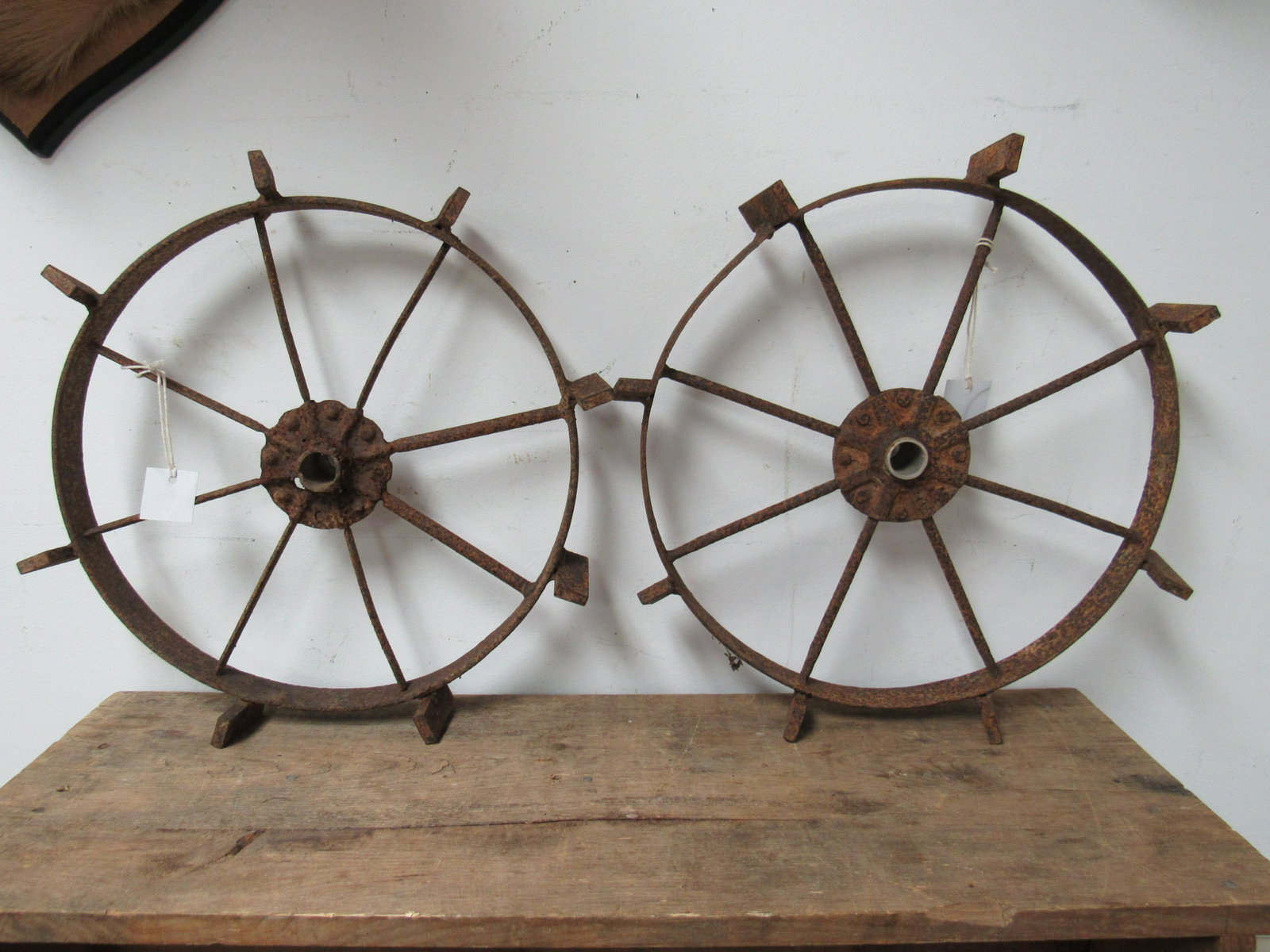 Primitive Pair Of Steel Equipment Wheels: Primitive Pair Of Steel Equipment Wheels. Good condition. Center hubs have been modified. 18" diameter