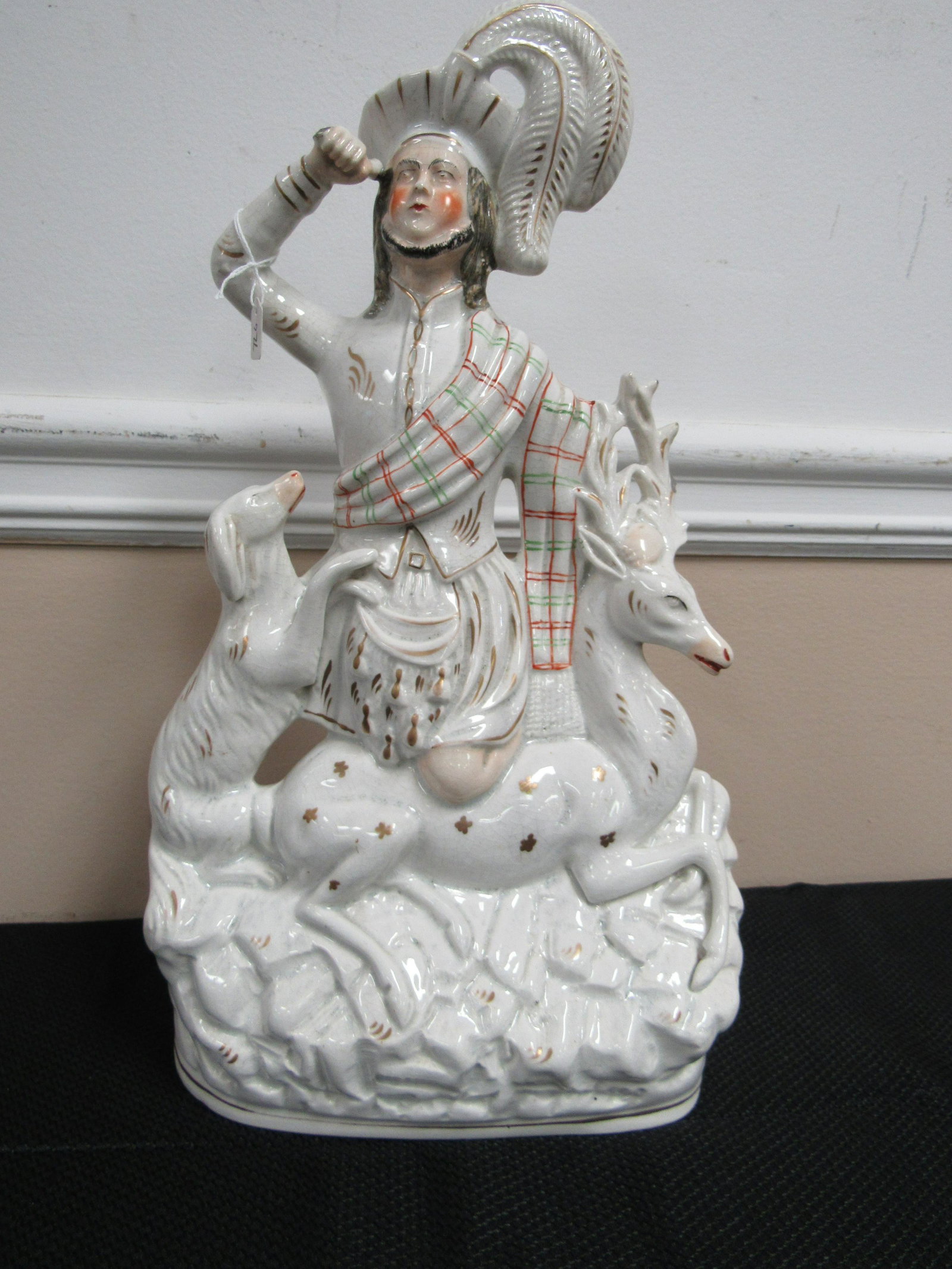 Early Royal Staffordshire Porcelain Depicting Hunter: Early Royal Staffordshire Porcelain Depicting Hunter with Stag and Dog (Item No. 726). Good condition. Stag has damage to antlers, as photographed. 16" x 9"