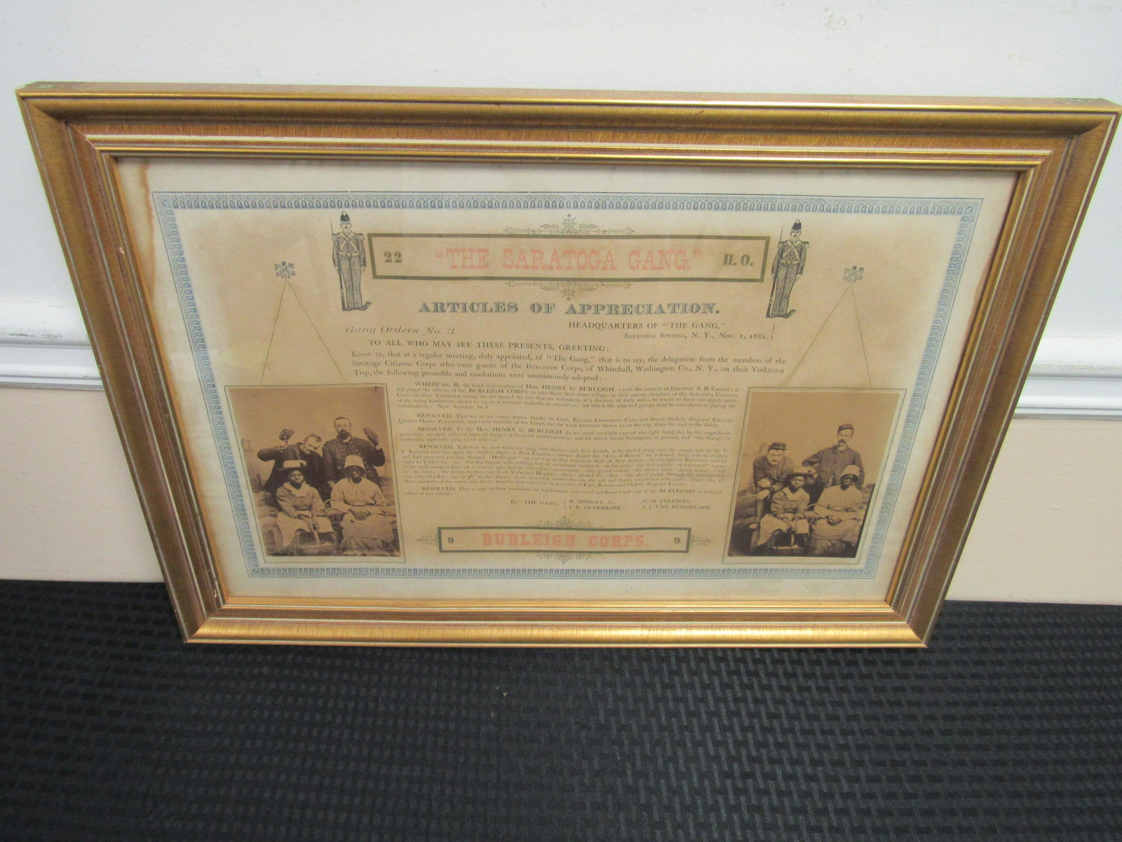 Circa 1881 "The Sartoga Gang" Articles of Appreciation: Circa 1881 "The Sartoga Gang" Articles of Appreciation Document Including 2 Large Photos of NY Federal Soldiers Posing with Former Slaves. Document in good to very good condition with small watermark 