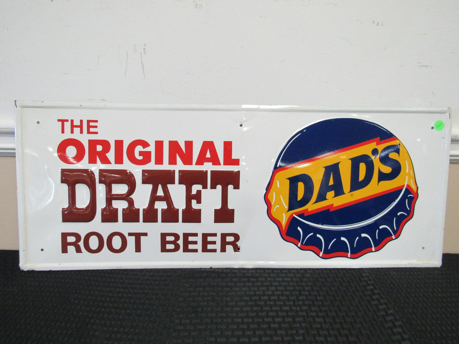 NOS SSPT Embossed Dads Root beer Sign: NOS SSPT Embossed Dads Root beer Sign. Sign marker lower right hand corner. "Press Sign Co." 31" x 12"