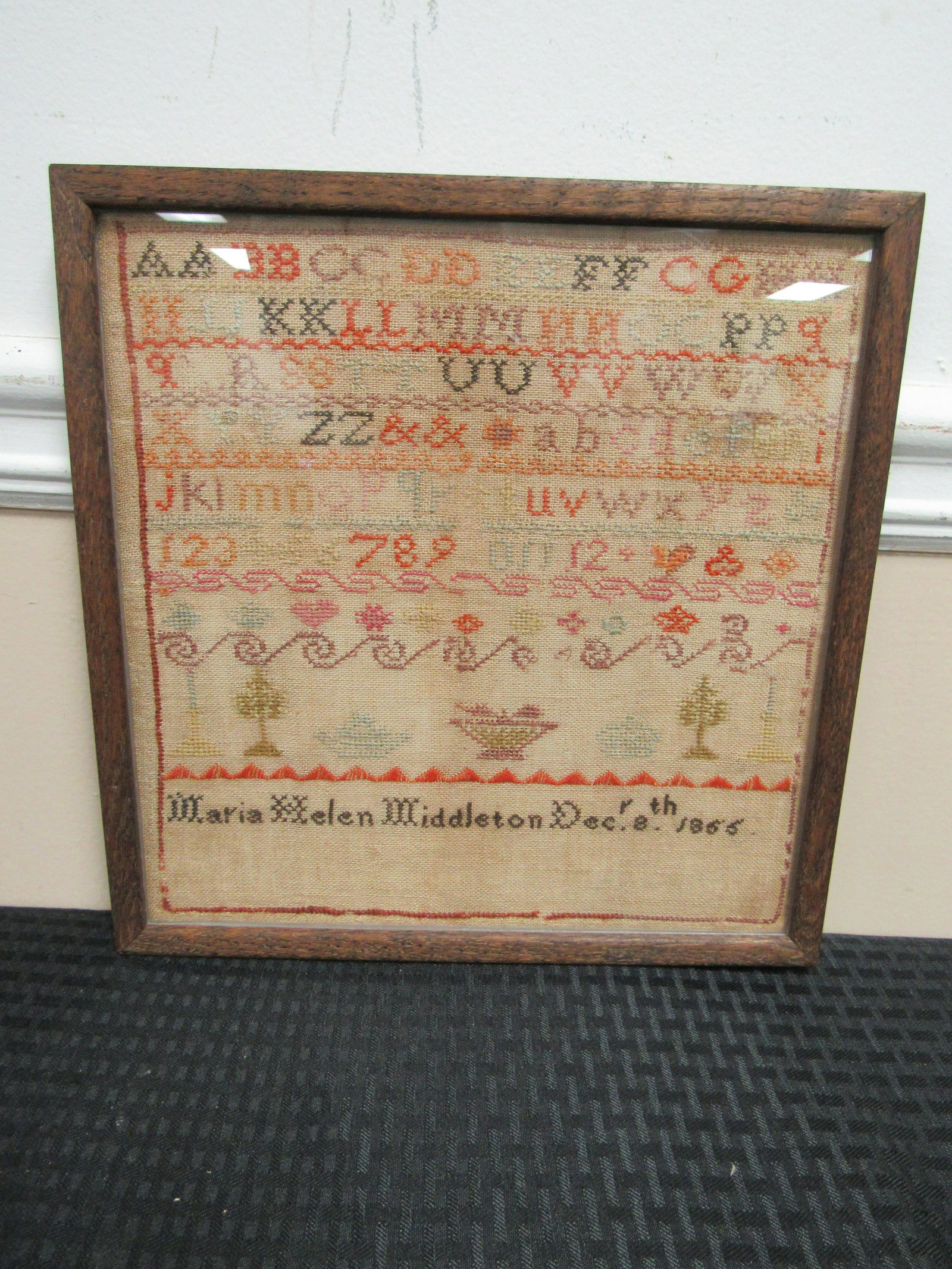Circa 1855 Alphabet Sampler: Circa 1855 Alphabet Sampler. Bottom marked Maria Helen Middleton December 8, 1855. Very good condition. Framed measures 12.75" x 12.5"