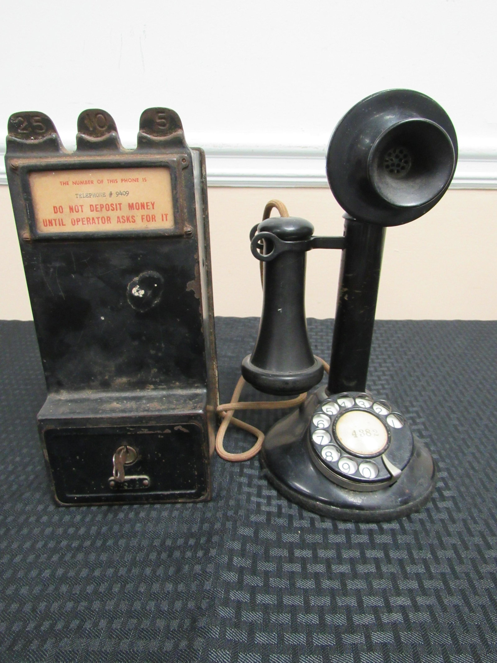 Western Electric Candlestick Telephone with Gray Telpay: Western Electric Candlestick Telephone with Gray Telpay Hay Box. Telephone in good condition, 11.5". Haybox in good condition with original box, 10.5" x 4.5" x 4.5"