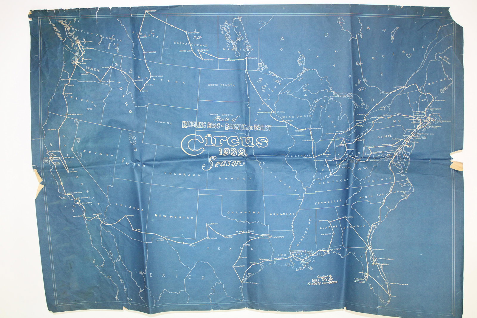 Large 1939 Blue Print Type Map of Continental United: Large 1939 Blue Print Type Map of Continental United States Tracing Tour Route of Ringling Bros. and Barnum and Bailey Circus compiled by Milt Taylor, Elmonte, California.