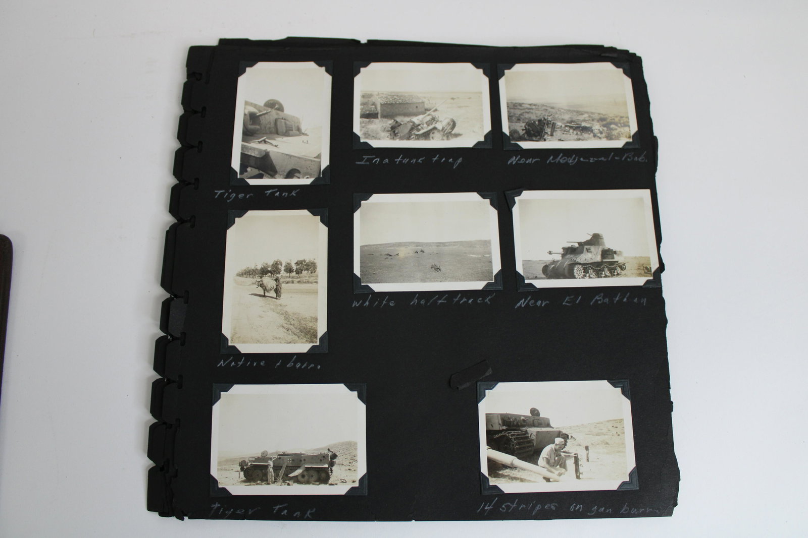 Large WWII Photo Album/Tunisia N. African Campaign.: Large WWII Photo Album/Tunisia N. African Campaign. German and American battle damaged tanks, half tracks, etc. Ancient ruins, scenes in Rome and more. 100+ images. 12.75" x 12.5"