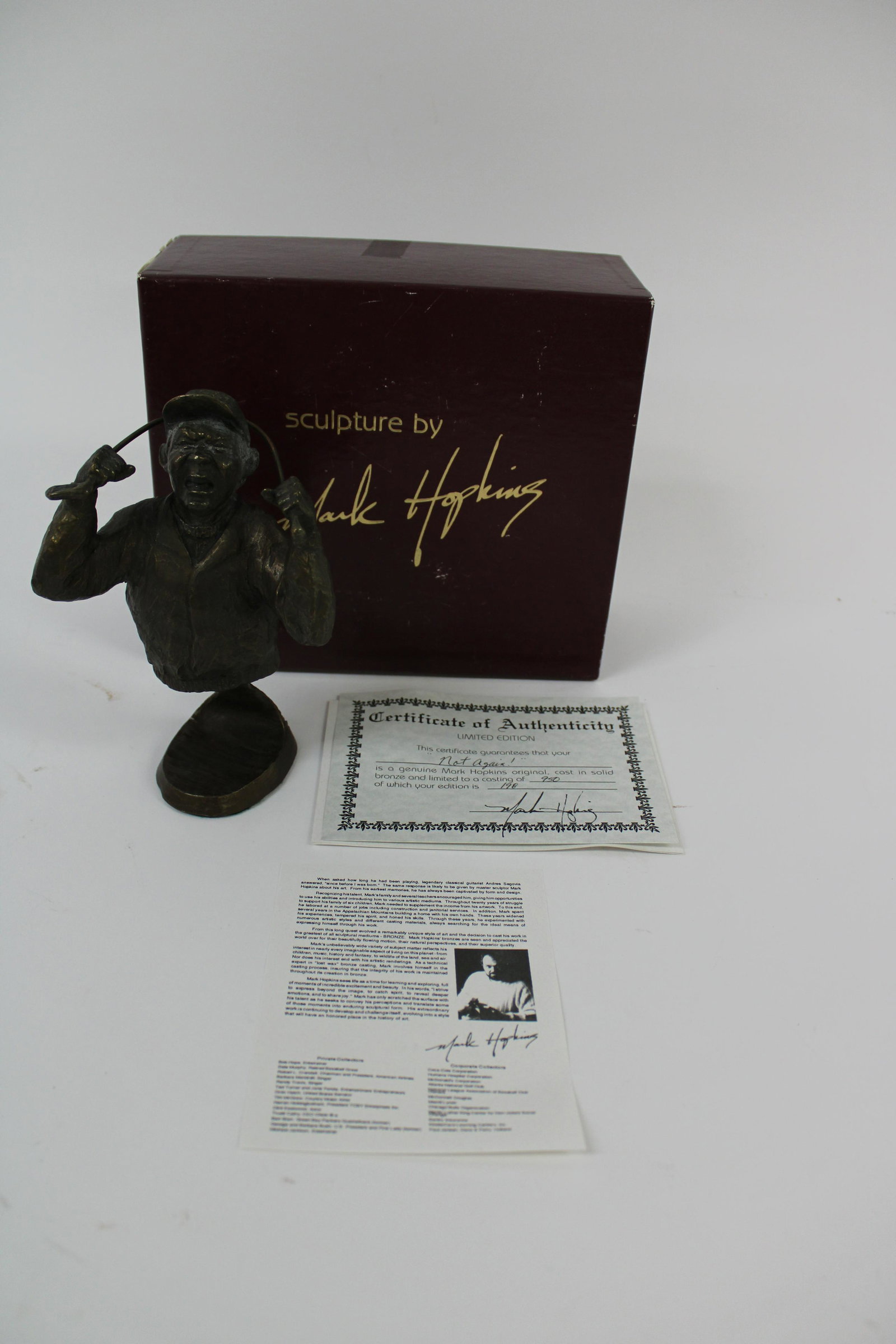 Mark Hopkins Bronze Sculpture "Not Again" In Original: Mark Hopkins Bronze Sculpture "Not Again" In Original Box. 198/950. Overall excellent condition. Measures 7" tall.
