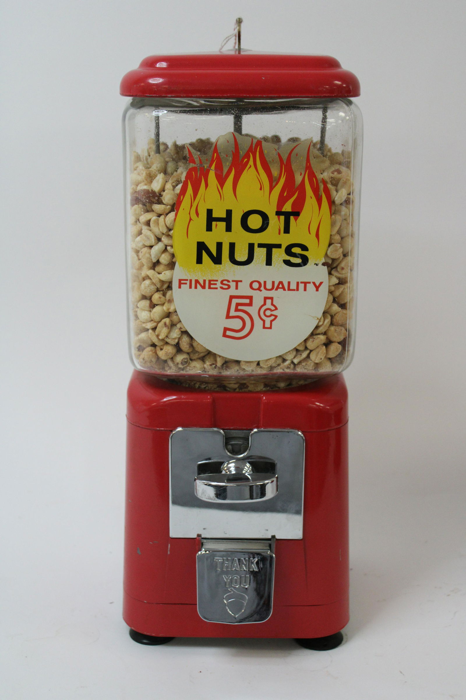 Vintage Hot Nuts 5 Cent Vending Machine.: Vintage Hot Nuts 5 Cent Vending Machine. Overall excellent condition, working unknown. Includes key. Measures 16".