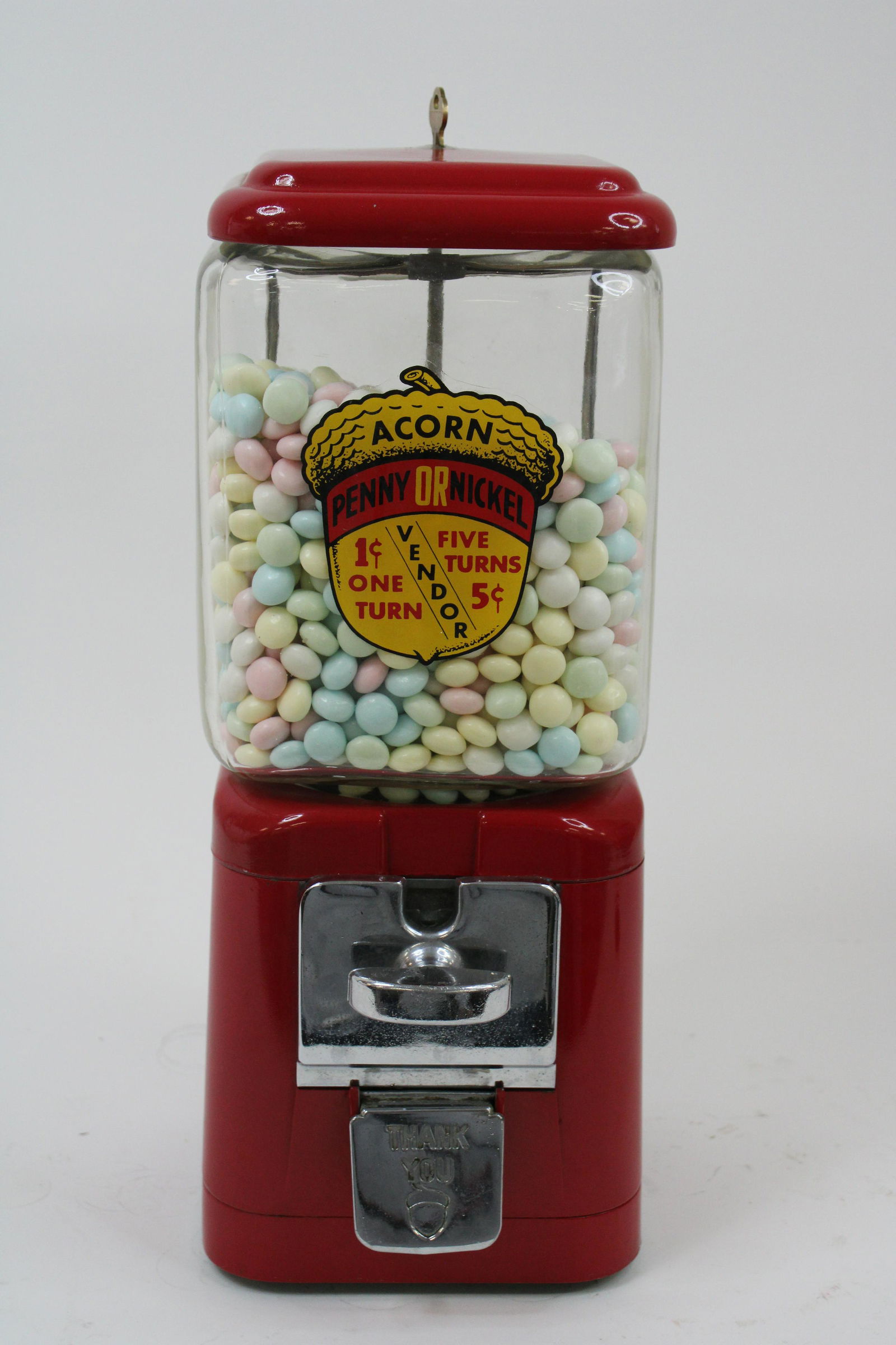 Vintage Acorn 1 or 5 Cent Vending Machine.: Vintage Acorn 1 or 5 Cent Vending Machine. Overall excellent, working condition. Includes key. Measures 15.5". Reads "1 turn for 1 cent 5 turns for 5 cents."
