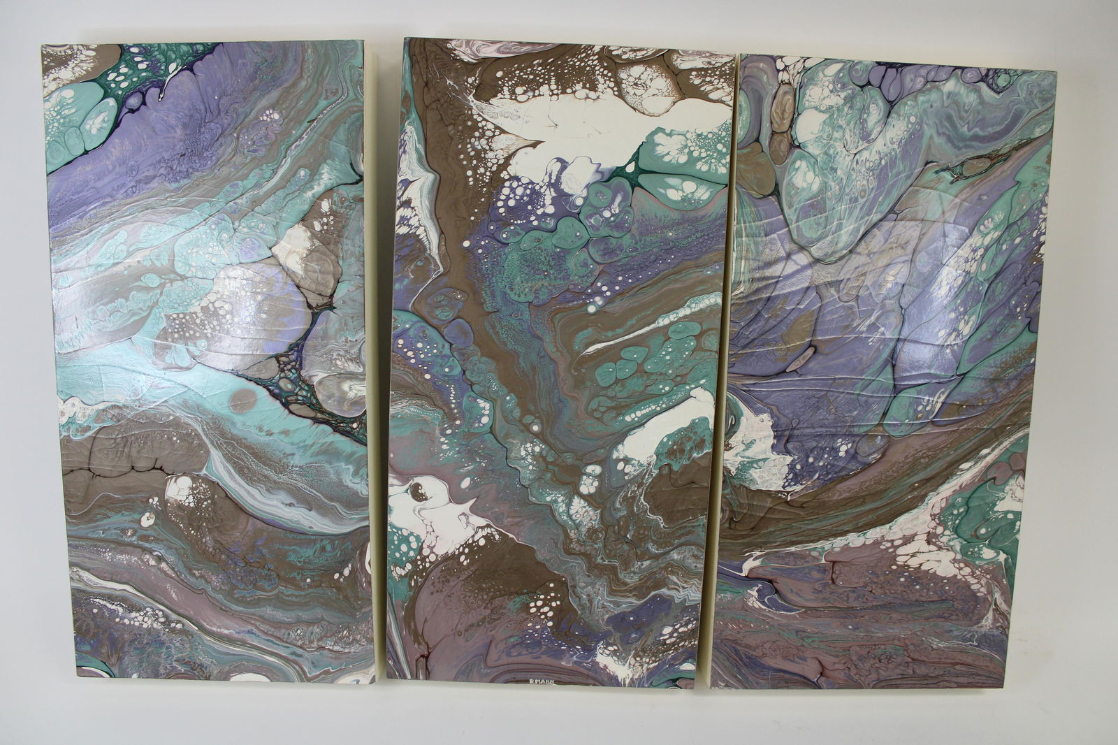 Richard Mann Acrylic Process 3 Pc Painting.: Richard Mann Acrylic Process 3 Piece Painting. Overall very good condition with some crazing, as photographed. Center piece signed "R. Man". Each panel measures 24.25" x 11.75".