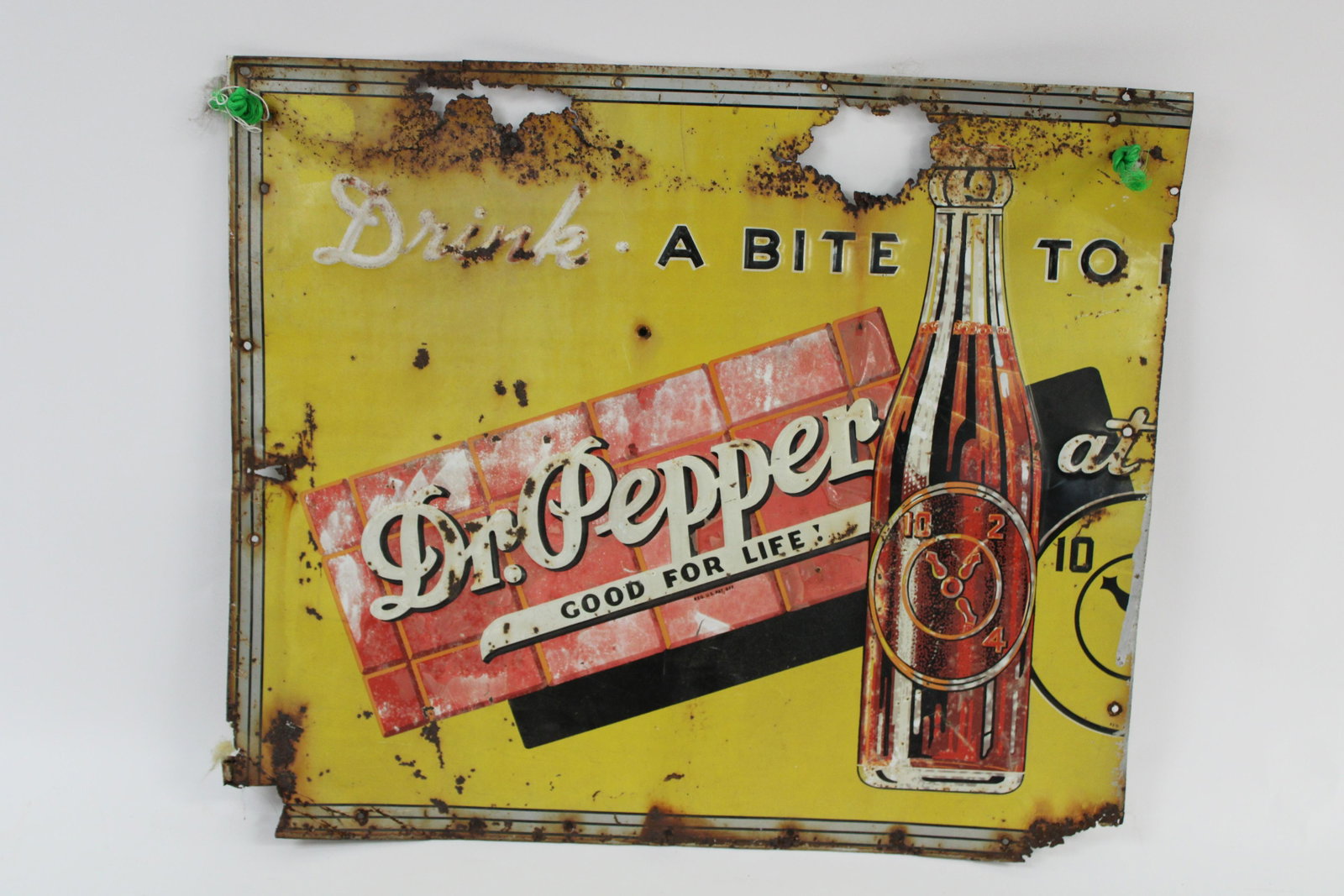 Early Dr. Pepper Advertising Painted Tin Sign.: Early Dr. Pepper Advertising Painted Tin Sign. Sign in poor condition and has been cut on the right side. Measures 22" x 18".