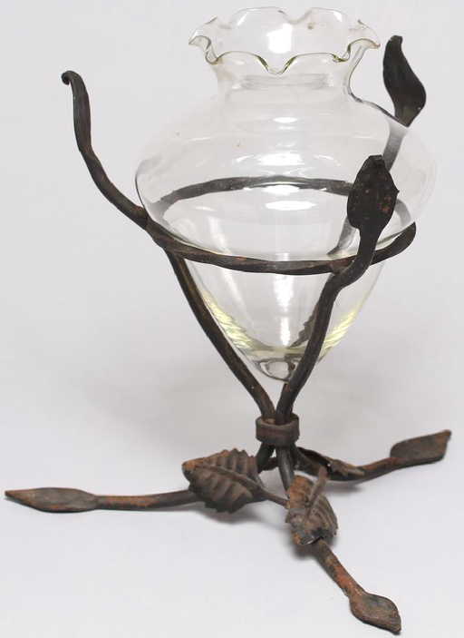Gl Vase In Wrought Iron Holder
