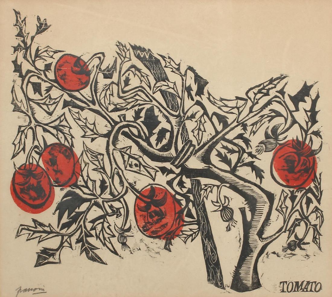 Antonio Frasconi (Uruguayan-American, 1919-2013): "Tomato," woodcut on paper, pencil-signed lower left. Image: 17.75" H X 19.75" W; frame: 26" X 27.51". Paper faintly yellowed.