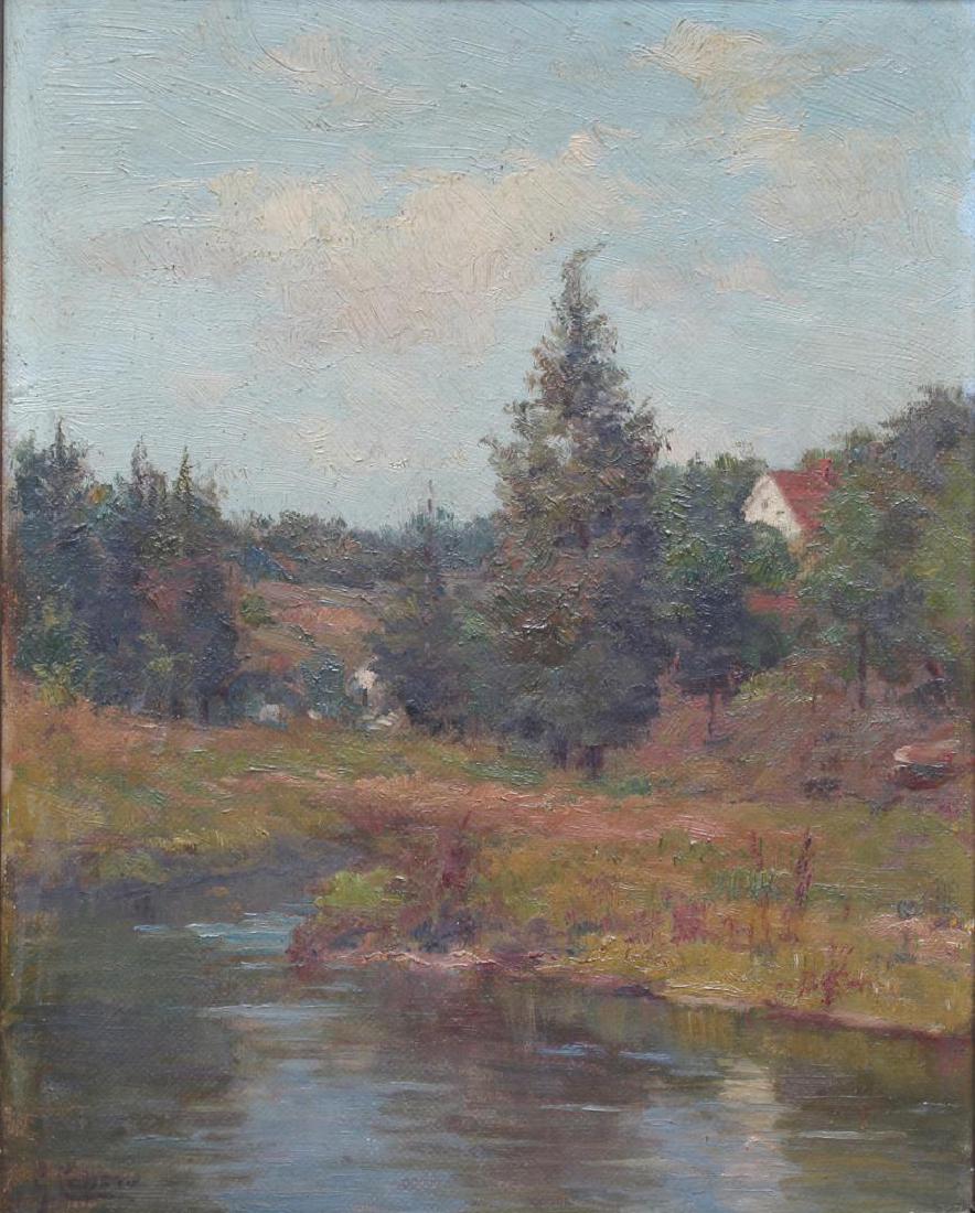 Gaetano Capone (Italian, 1845-1924)- Oil on Canvas: Landscape with stream, signed "G. Capone" at lower left; the reverse with an antique label, "Winsor & Newton Prepared Canvas Board." Image: 9.5" H X 7.75" W; frame: 16.5" X 14.75".