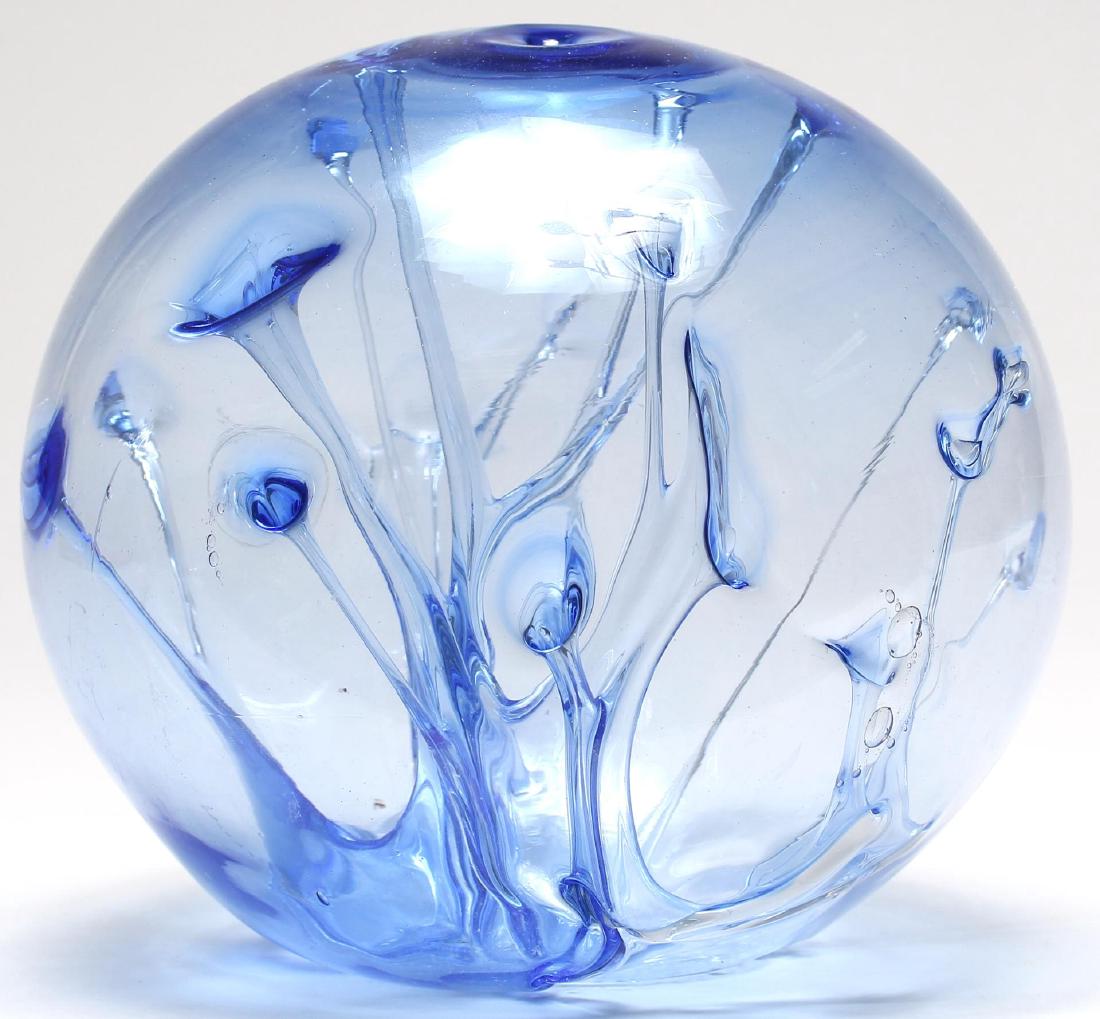 Peter Bramhall Art Glass Sphere, "Ocean Storm": The hand-blown "witch" globe with splashes and striations of glass to the interior, the underside incised and dated "Bramhall 6/15/82." 7.5" H X 7.5" diameter.
