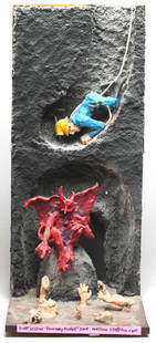 Scott Wilson (American, 20th C.)- Diorama: "Journey to Hell," depicting the clay figures of an excavator who is about to stumble upon the Devil seated on a rock while playfully mocking the damned, signed and dated on the reverse, "Scott Wilson