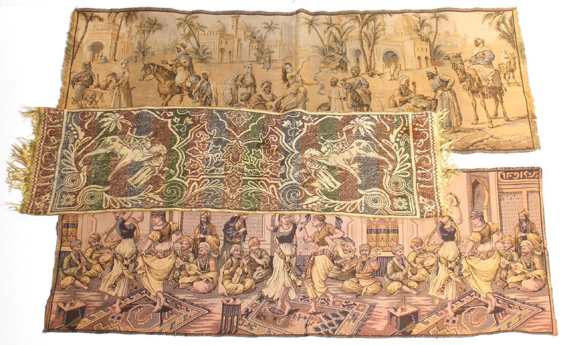 3 Vintage Middle East-Themed Woven Table Runners: Comprising a 1920s tapestry of a harem scene with dancing girls, marked "Belgium" on the reverse, another of a dancing girl in a town square, the third with camels and Moorish patterns. Largest: 18" H