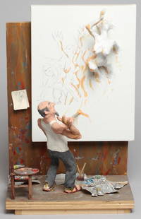 Scott Wilson (American, 20th C.)- Diorama: "The Artist," depicting the clay figure of an artist in his studio painting a female subject coming to life, signed and dated on the reverse "Scott Wilson 1995." 17.25"H X 10.5"W.