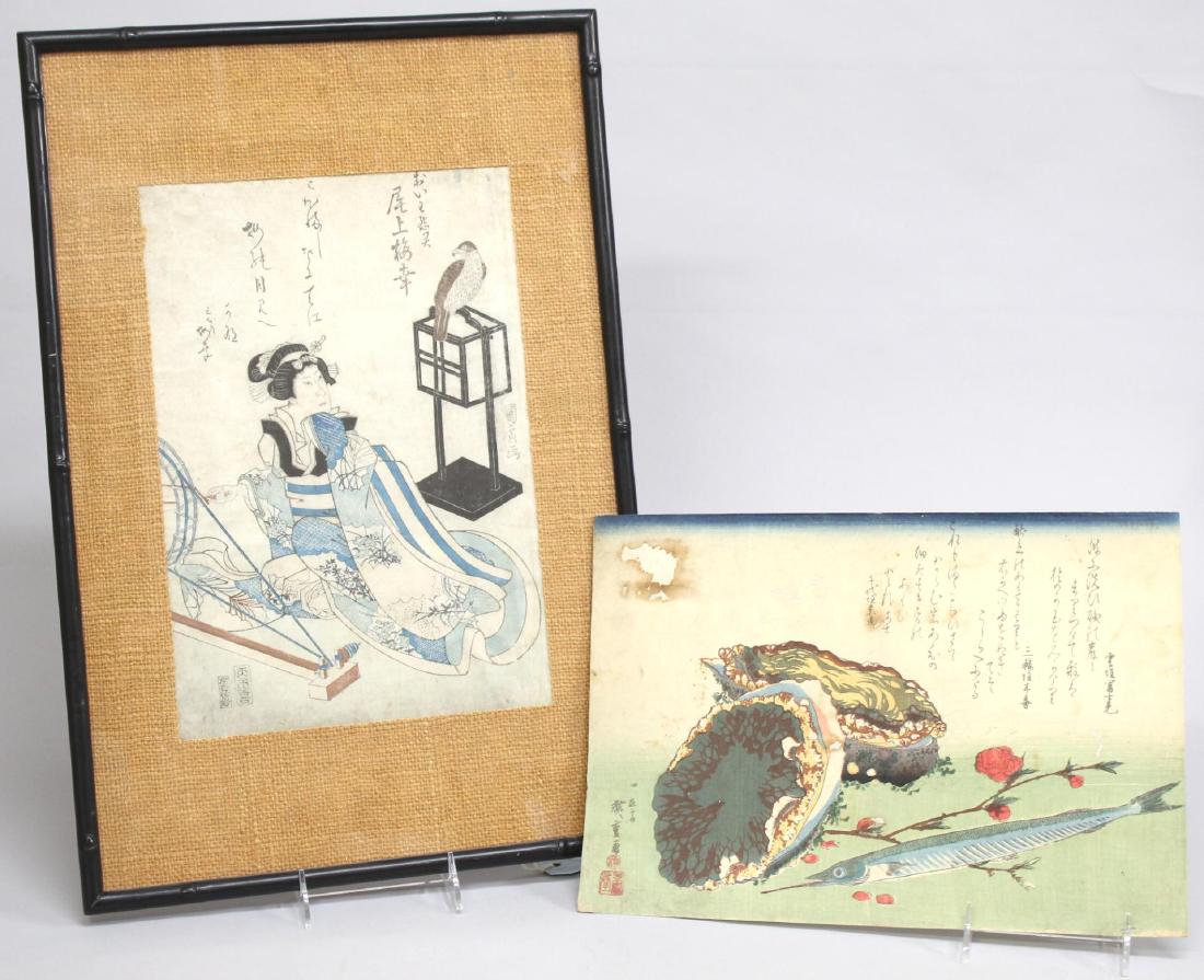 2 Japanese Ukiyo-e Woodblock Prints: The first a kabuki actor by Ganjosai Kunihiro (active circa 1815-1843); the second a still life of abalone, needlefish, and peach blossoms by Utagawa Hiroshige I (1797–1858). Kunihiro image: 13.75"