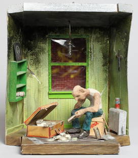 Scott Wilson, Untitled Diorama: Of a green room containing a seated man counting money stashed in a suitcase; electrified. 12.5"H X 11.5" W.