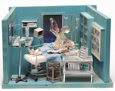 Scott Wilson, The Spirit: The scene depicting a dying man in a hospital room surrounded by machines, medicines and a portrait of the Virgin Mother, his spirit leaving his body, signed on reverse "Scott Wilson." 11.5" H X 17.25