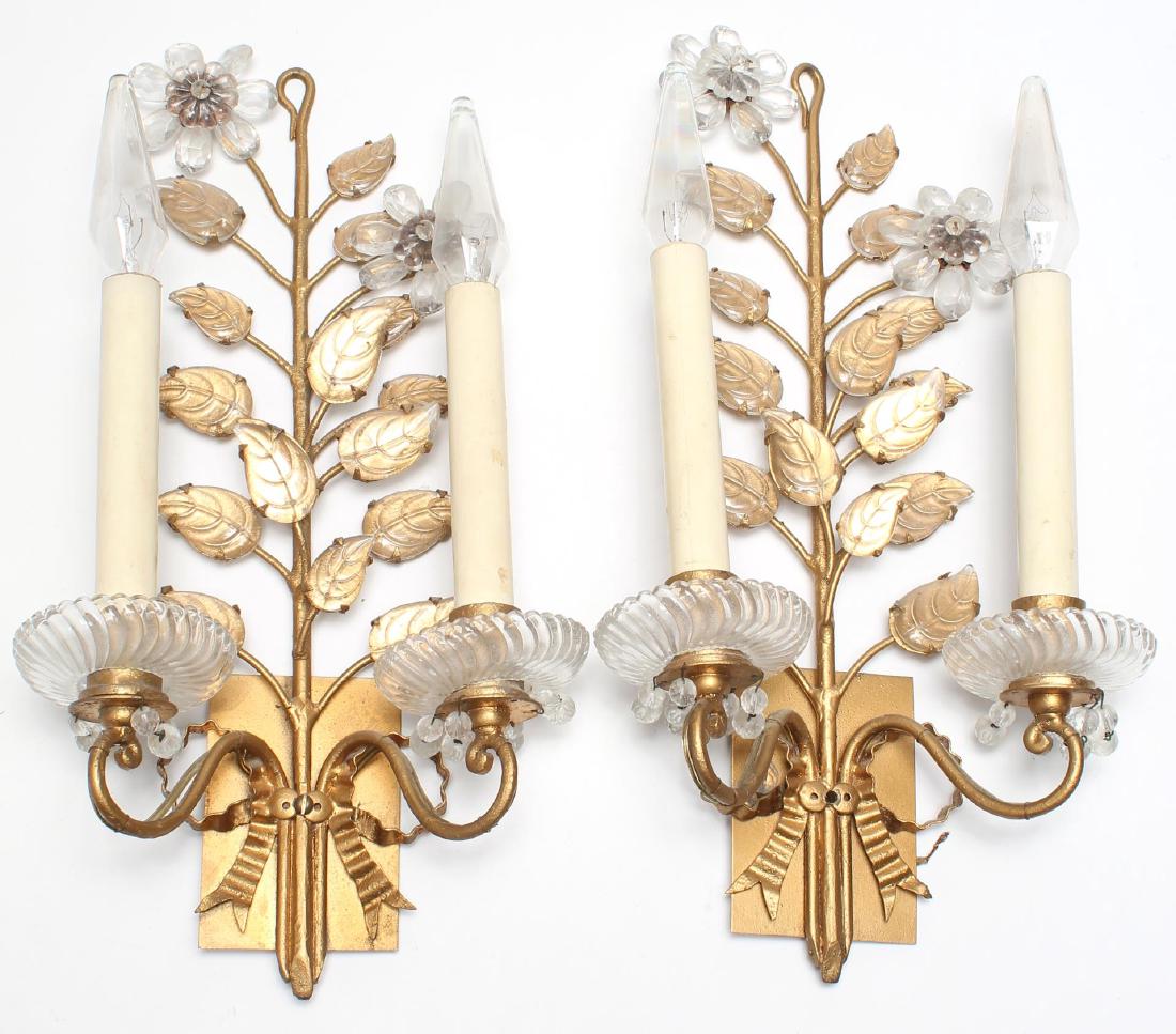 Pair of Gilt Metal & Crystal Floriform Sconces: Glass flowers and leaves on metal bases with cardboard faux candles. Each 15.5" L. Some losses to gilt on reverses; lacking a few crystal drops; needs rewiring.
