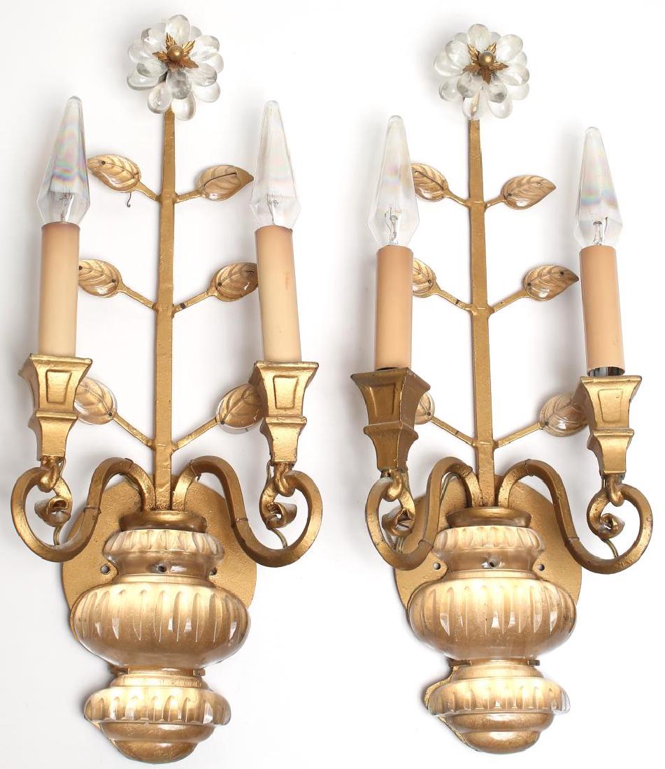Pair of Gilt Floriform Sconces, Bagues Manner: Glass flowers, vases, and leaves on metal bases. Each 17.25" L.