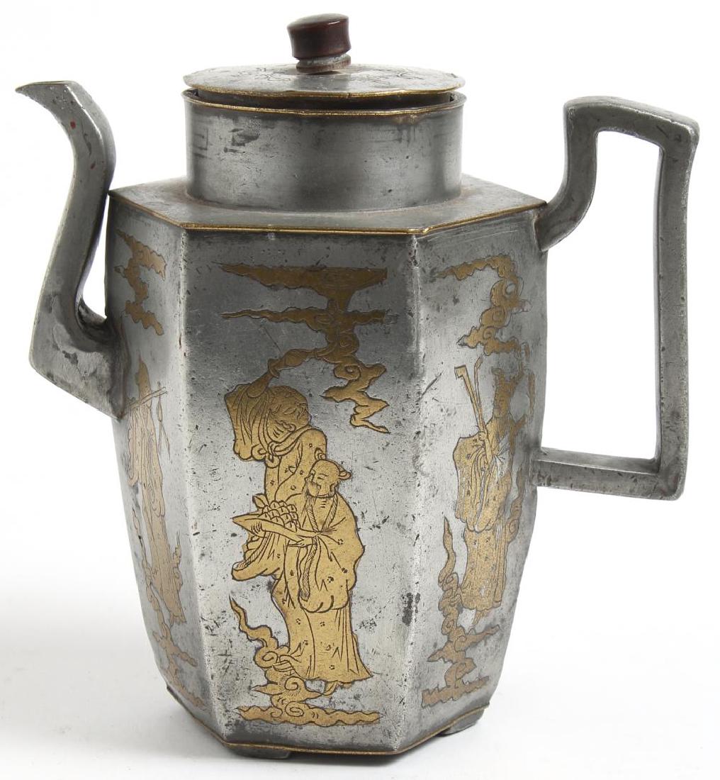 Chinese Pewter & Brass Inlaid Teapot (1 of 3)