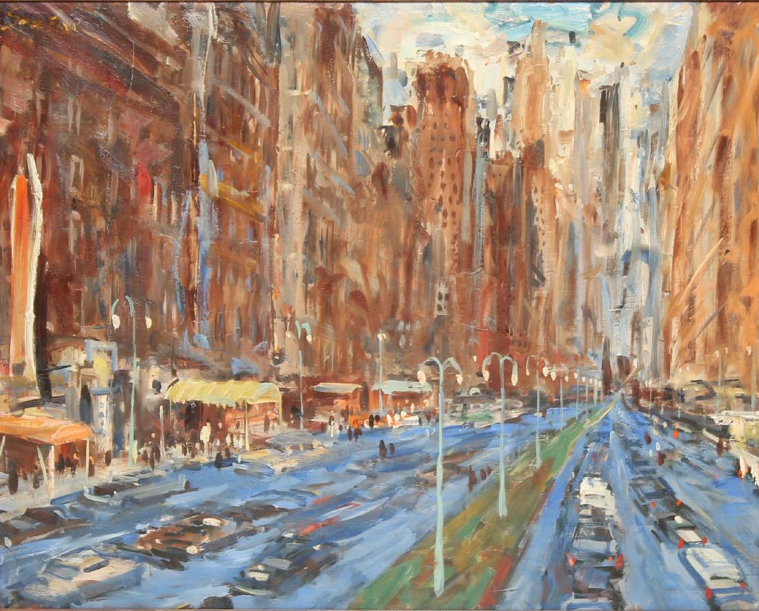 American School, 20th C- Oil on Board, City Scene (1 of 3)