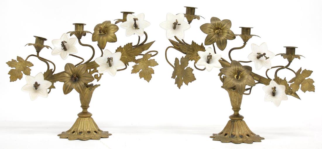 Pair of Floriform Brass & Opaline Glass Candelabra (1 of 4)