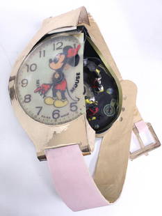 Scott Wilson Mickey Mouse Sculpture: The form of a cut Mickey Mouse watch, exposing the interior where four tired mice work to churn the gears. 10" H X 26" W X 17" D.