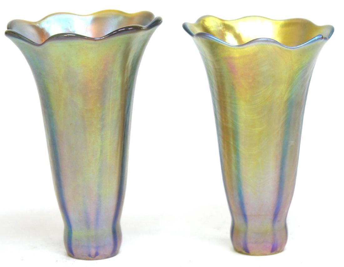 Pair of Glass Lily Shades After Tiffany Studios: LCT favrile style. 4.5" H X 2.5" diameter.
