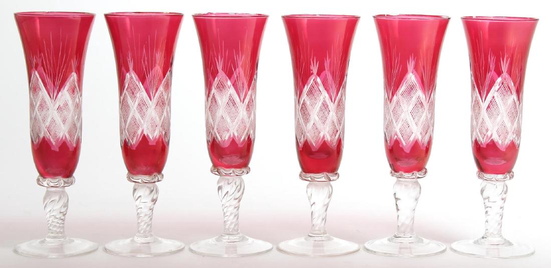 6 Bohemian Etched Glass Wine Glasses: Cranberry red cut to clear, in original case. 6.25" H; case: 2.75" H X 16.25" W X 8" D.