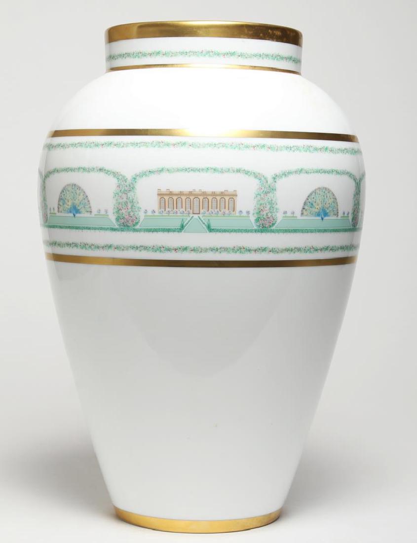 Bernardaud Limoges "Folio De Bagatelle" Vase: Depicting Bagatelle, 18th century hunting lodge of the Comte d'Artois, marked "Bernardaud Limoges France," and with a short history of the building. 14" H.