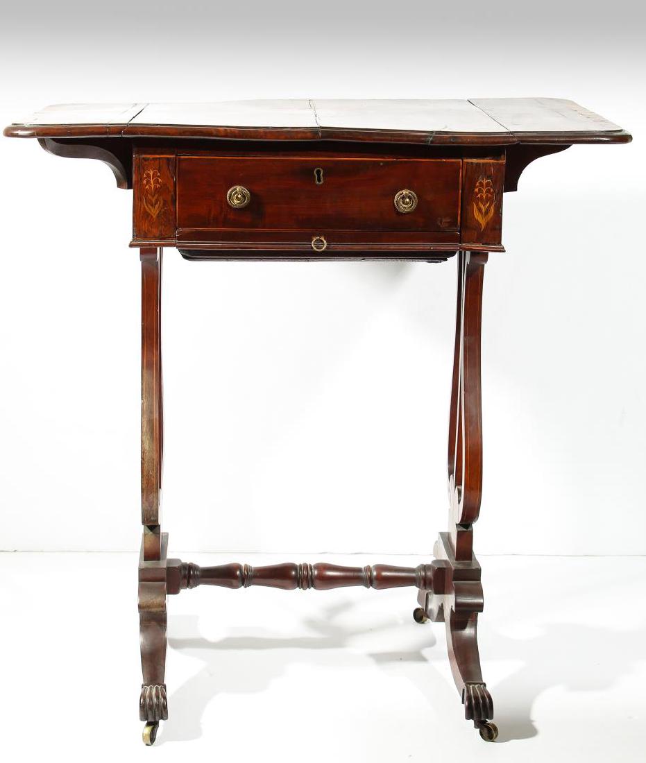 Duncan Phyfe-Style Marquetry Drop-Leaf Work Table: Antique, walnut-veneered, one side with two drawers, the other a false drawer. 28" H X 26.5" open X 16" D, 16" closed. Minor wear.