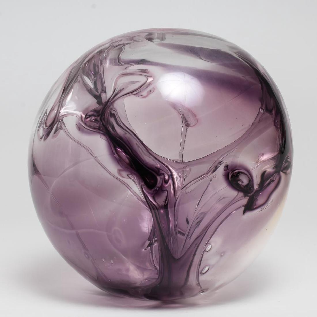 Peter Bramhall (American, 20th C.)- Art Glass: "Ocean Storm," hand-blown mid-century modern purple sphere, the underside incised and dated "Bramhall 12/1/81." 9" H X 7.5" diameter.