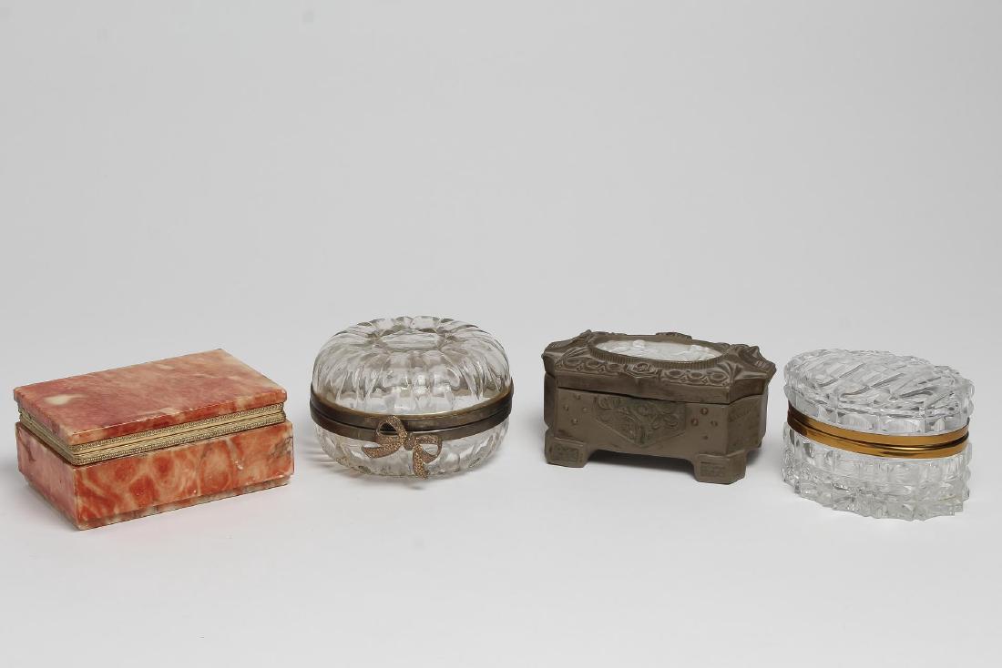 4 Assorted Decorative Boxes: Two cut glass, one of Makrana marble, and one pewter. Largest: 2.25" H X 5.25" W X 3.75" D.