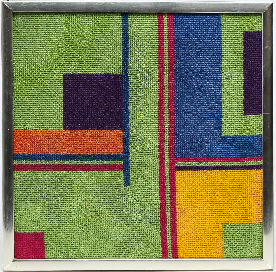 After Piet Mondrian- Midcentury Wool Needlepoint: The embroidery with a gallery label, "The Collector's Item / Rye New York." 13" square.