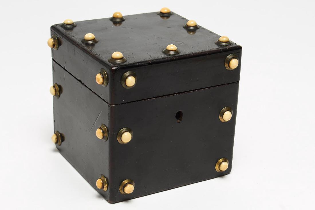 Vintage Ebonized Wood & Bone Tea Caddy: The top and sides set with bone cabochons, opening to a lead foil-lined well. 4.25" H X 4.25" square. Age-appropriate wear throughout.