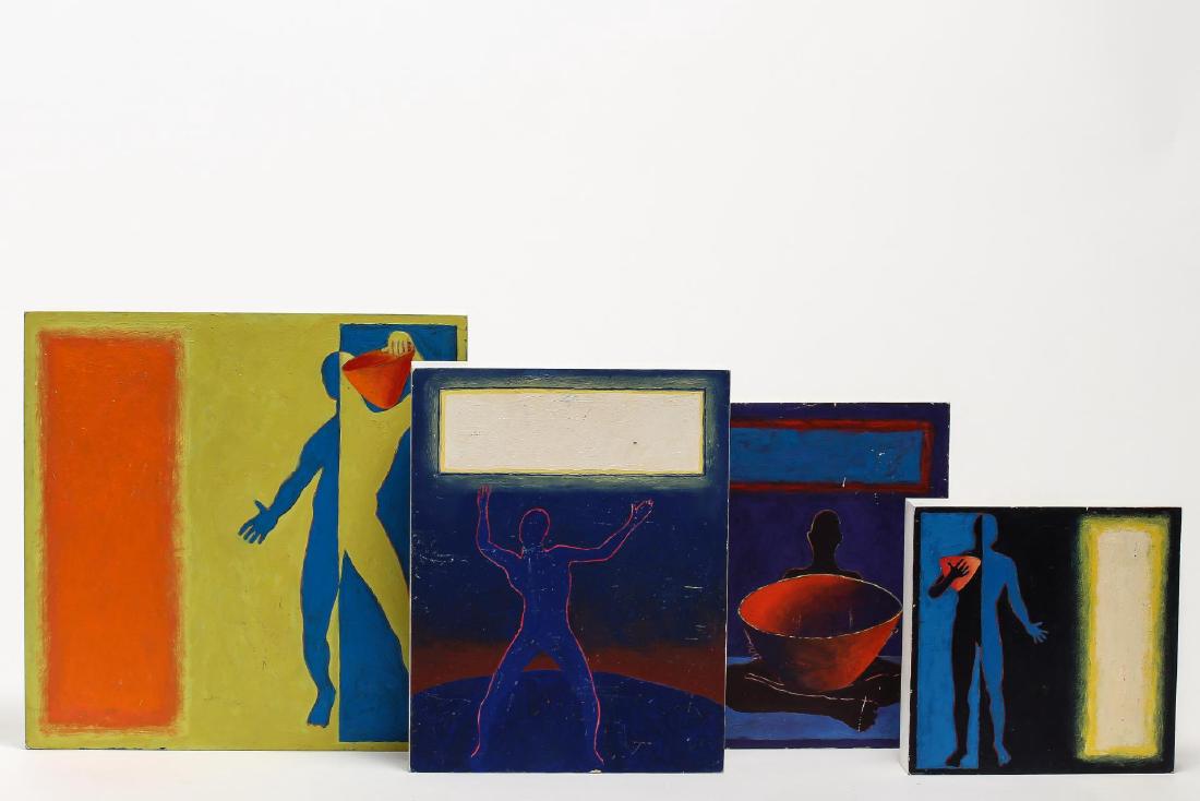Signed Illegibly- 4 Pop Art Panel Paintings: Each titled and signed ("Yamooc?" or "Mamoon?") on reverse, and dated 1999-2000. Largest: 10" square.