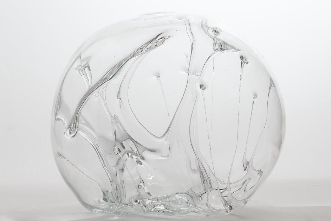 Peter Bramhall Art Glass Sphere, "Ocean Storm": Mid-Century Modern style, large hand-blown colorless "witch" globe, incised "Peter Bramhall July 22, 1981" underneath. 12" H X 12" diameter.