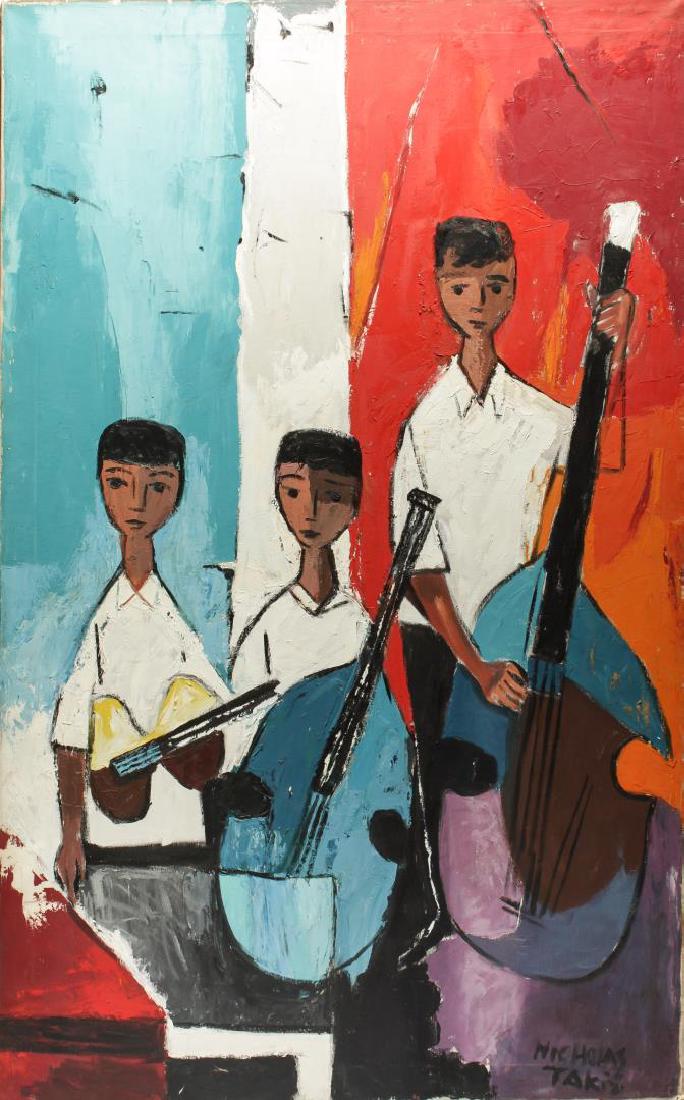 Nicholas Takis (American, 1903-1965)- Oil: "Los Hermanos Musicos" (The Musician Brothers), oil on canvas, signed lower right, titled on the reverse . 48" H X 30" W. The unframed canvas with wear and rubbing to edges.