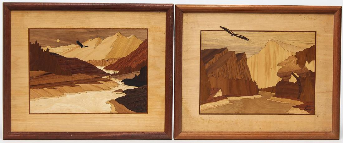 2 Marquetry Landscapes Signed Nelson: Depicting mountainous landscapes, signed lower right. 11.25" H X 14.25" W.