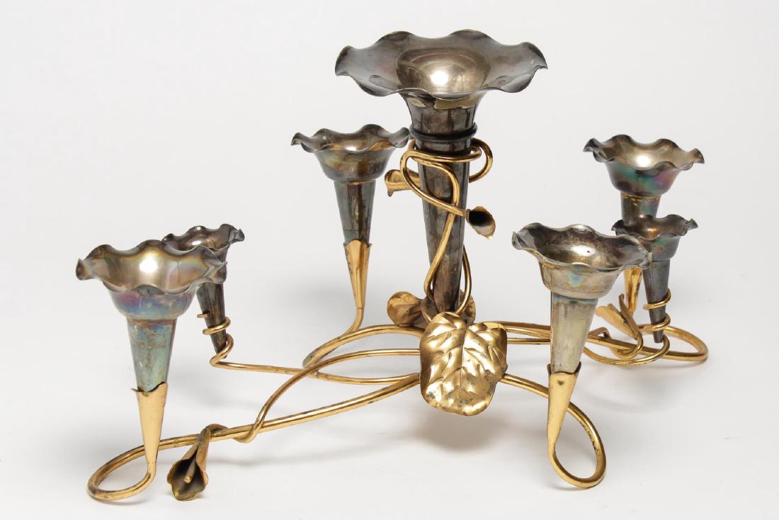 Art Nouveau Centerpiece Epergne, Callalily-Form: Art Nouveau, silver-plate trumpet vases in gilt metal frame, depicting callalily flowers. 9.25" H X 19.5" L X 12" W.