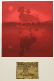 Marina Karella (Greek, b. 1940)- Double Print: Red running horses, above gilt etching of an outdoor flame, both on one sheet inscribed in pencil, dated 1996, and numbered 2/20. Sheet: 30" H X 22.25" W.