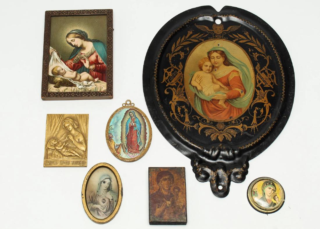 Virgin Mary- Collection of Vintage Depictions: Comprising two after Raphael, a hand-painted sheet metal Sistine Madonna and a Madonna and Child, a gilt bronze plaque by E. Senesi, Greek image of the Theotokos, Our Lady of Guadalupe, Virgin of the 
